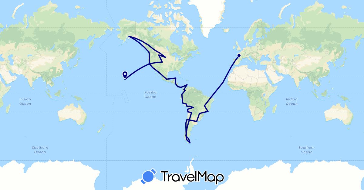 TravelMap itinerary: driving in Argentina, Bolivia, Brazil, Canada, Chile, Colombia, Costa Rica, Cape Verde, Ecuador, France, Honduras, Mexico, Panama, Peru, United States (Africa, Europe, North America, South America)